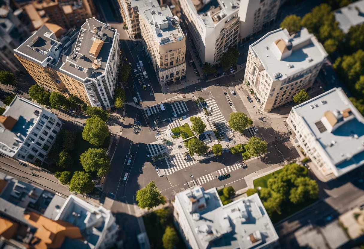 Una vista aérea de una manzana de la ciudad con un edificio prominente etiquetado como "mi empresa" en Google Maps