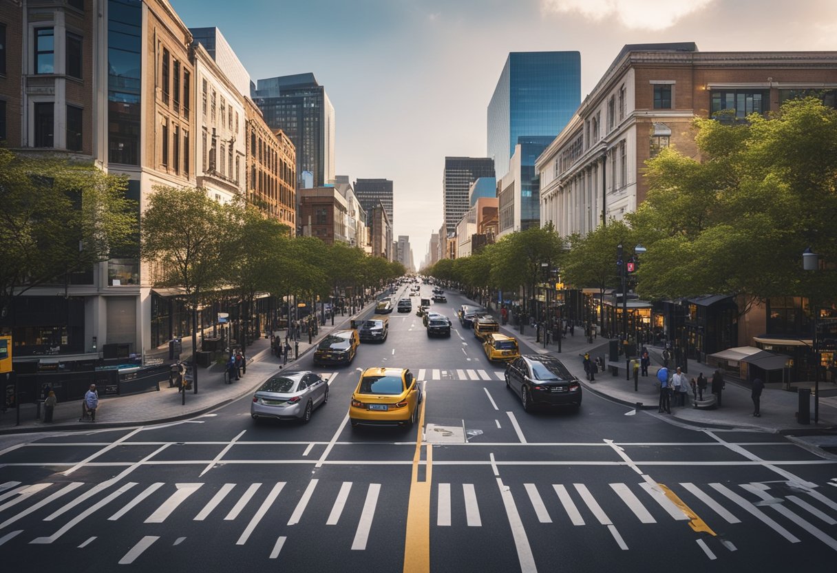 Una calle de ciudad bulliciosa con negocios y edificios, con íconos y marcadores de Google Maps visibles