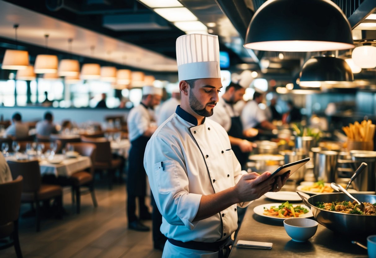 Un restaurante bullicioso con un área de comedor llena, una cocina ocupada y un chef revisando una tableta para estrategias de SEO.