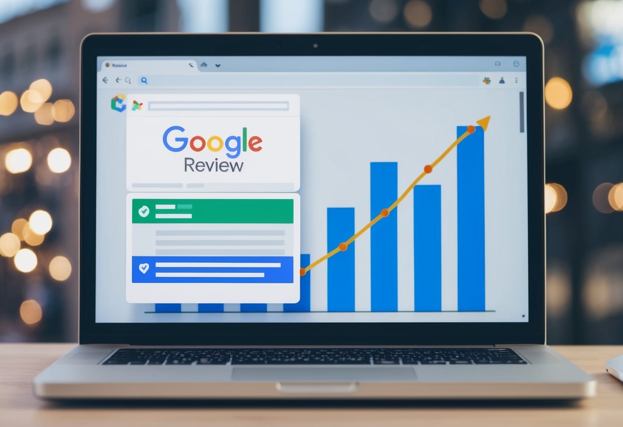 Una pantalla de computadora muestra una reseña de Google siendo eliminada, mientras que un gráfico en el fondo muestra el impacto de las reseñas en un negocio.