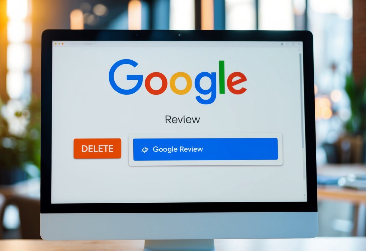 Una pantalla de computadora que muestra una reseña de Google siendo eliminada, con un botón de 'eliminar' destacado